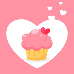 Valentine's card design with sweet dessert in heart shape on pink background. Vector illustration. Cartoon cupcake