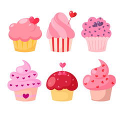 Set of pink cupcakes with hearts. Vector illustration on white background