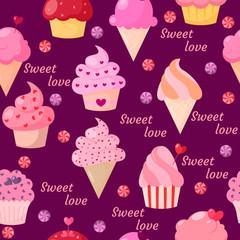 Sweet love. Cartoon colorful cream cupcake seamless pattern. Vector illustration. 
