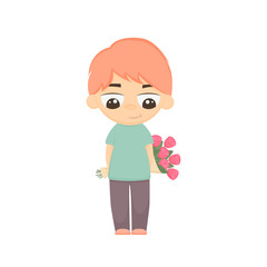 Cartoon modest boy holding a bouquet of flowers on a white background. Congratulations Valentine's Day, Happy Birthday, International Women's Day on March 8. Vector illustration