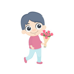 Cartoon boy holding a bouquet of flowers on a white background. Congratulations Valentine's Day, Happy Birthday, International Women's Day on March 8. Vector illustration