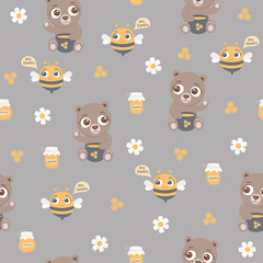 Cartoon seamless pattern with cute bees, flowers and honeycomb on grey background. Beekeeper background 