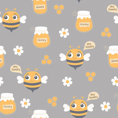 Cartoon seamless pattern with cute bees, flowers and honeycomb on grey background. Beekeeper background