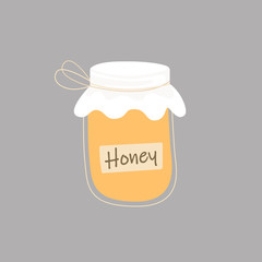Natural and organic honey in jar on grey background. Vector cartoon illustration 