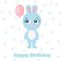 Cute greeting card with fun little bunny baby. Happy Birthday. Vector illustration