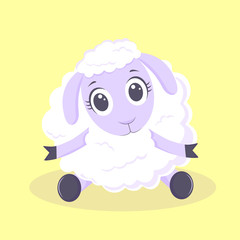 Vector cartoon cute white sheep on yellow blackground