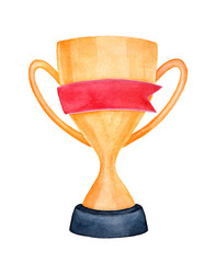 Golden winner cup on black marble base with red blank ribbon, that can be used as customizable banner to write your text. Hand painted water color drawing on white, cutout clip art element for design.