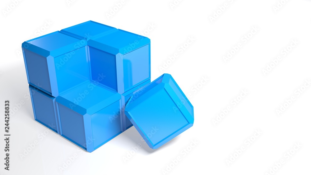 Aufkleber just the last little part of a cube has to be put in its position - 3d rendering illustration