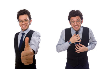 Young businessman in funny concept on white