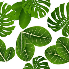 Tropical seamless pattern  with painted hands of exotic green monstera and terminalia leaves.