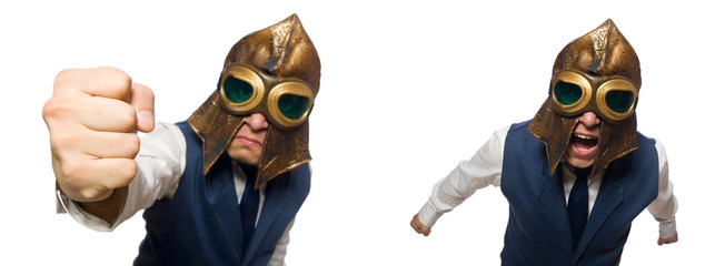 Funny man wearing pilot helmet and goggles