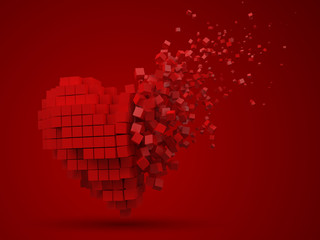 Obraz na płótnie Canvas heart shaped, dissolving data block. made with red cubes. 3d pixel style vector illustration.