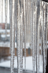 Icicles hang down from the roof edge and thaw from spring heat.