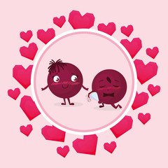 happy couple with flowers bouquet emoticons