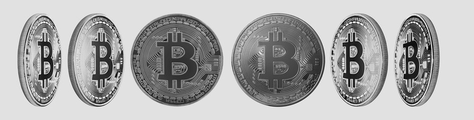 Fototapeta na wymiar Group of silver Bitcoin cryptocurrency isolated on white background. High resolution for retouch or graphic design