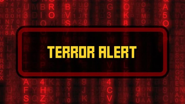 The text Terror Alert, appearing on a board over random symbols falling down (code rain, a popular sci-fi movie effect), changing their color from green to red.