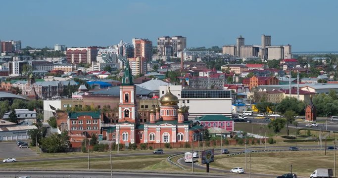 Timelapse of the city Barnaul view of the city and church, Altai, Russia.