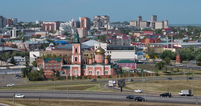 Timelapse of the city Barnaul view of the city and church, Altai, Russia.