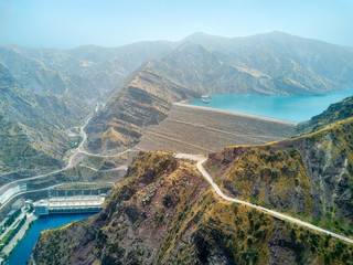 Nurek Dam Spillway, taken in Tajikistan in August 2018 taken in hdr - obrazy, fototapety, plakaty
