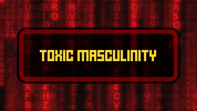 The text Toxic Masculinity, appearing on a board over random symbols falling down (code rain, a popular sci-fi movie effect), changing their color from green to red.