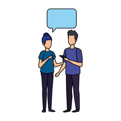 young couple with speech bubble characters