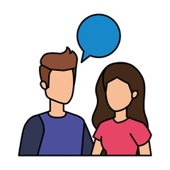 young couple with speech bubble characters