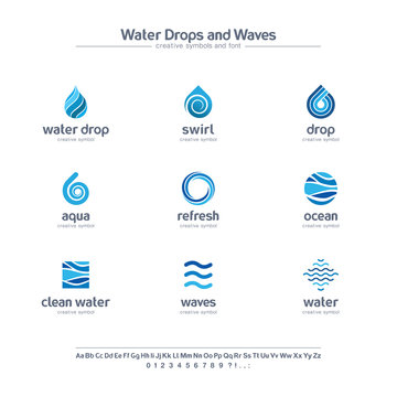 Clean water drops and waves creative symbols set, font concept. Fresh swirl blue color abstract business logo. Ocean, sea, spiral icon.