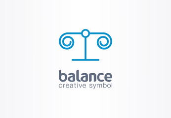 Balance justice creative symbol concept. Lawyer, attorney abstract business scale logo. Greece column, law libra, capital pillar, legal judge icon.