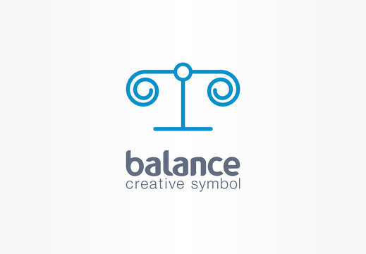 Balance justice creative symbol concept. Lawyer, attorney abstract business scale logo. Greece column, law libra, capital pillar, legal judge icon.