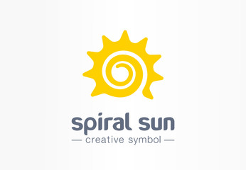 Spiral sun creative symbol concept. Summer morning energy light abstract business logo. Hot sunshine weather, travel circle sunrise or sunset icon.