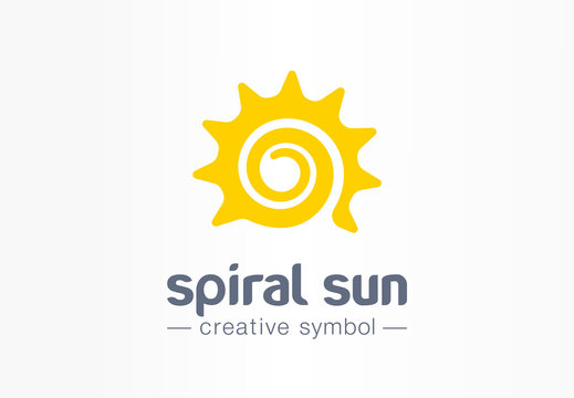 Spiral sun creative symbol concept. Summer morning energy light abstract business logo. Hot sunshine weather, travel circle sunrise or sunset icon.