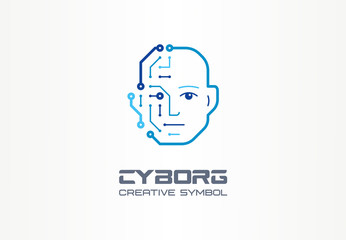 AI robot technology creative symbol machine concept. Digital bionic cyborg face abstract business future logo. Smart humanoid, circuit board icon.