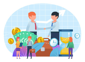 Time and money, successful business agreement, deal, teamwork. People stand near big watches, money. Poster for web page, social media, banner, presentation. Flat design vector illustration