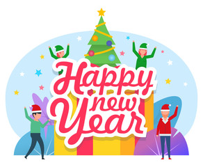 Happy New Year celebration, greeting card. Small people stand near big gift box, Christmas tree. Poster for web page, social media, banner, presentation. Flat design vector illustration