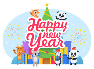 Happy New Year celebration, greeting card. Cute animals stand near big Christmas tree, gift boxes. Poster for web page, social media, banner, presentation. Flat design vector illustration