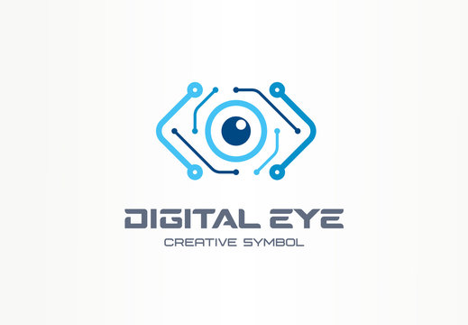 Digital eye creative symbol concept. Cyber vision, circuit board abstract business logo. Video camera control, futuristic technology, vr view icon.
