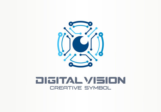 Digital vision creative symbol concept. Circuit robot eye, vr system abstract business logo. Cctv monitor, security scan control, video camera icon