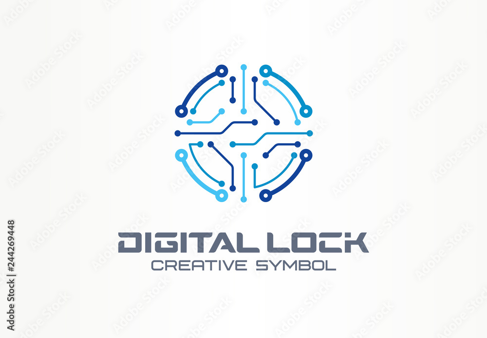 Poster digital lock creative symbol concept. circuit circle safe, access control system abstract business l