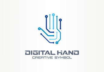 Digital hand creative symbol concept. Robot arm, futuristic technology, cyber security abstract business logo. Circuit tech, communication icon.