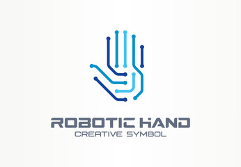 Fototapeta premium Robotic hand creative symbol concept. Digital technology, cyber security abstract business logo. VR touch, electronic, automation, ai cyborg icon