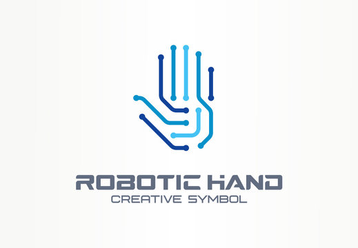 Robotic hand creative symbol concept. Digital technology, cyber security abstract business logo. VR touch, electronic, automation, ai cyborg icon