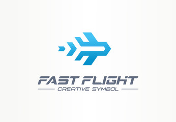 Fast flight creative symbol travel concept. High speed plane abstract business aviation logo. Jet arrow rocket route way, airplane trip ticket icon.