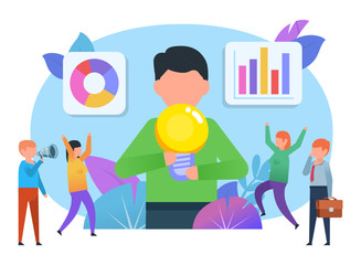 Man holds idea. Startup, team leader concept. Small people stand near big man with idea bulb. Poster for web page, banner, presentation, social media. Flat design vector illustration