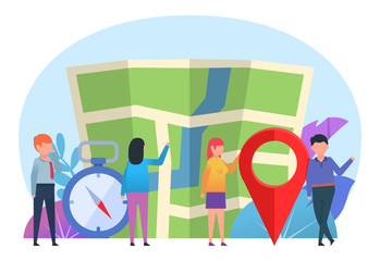Travel, tourism, orienteering concept. Small people stand near big map, location point, compass. Poster for web page, banner, presentation, social media. Flat design vector illustration
