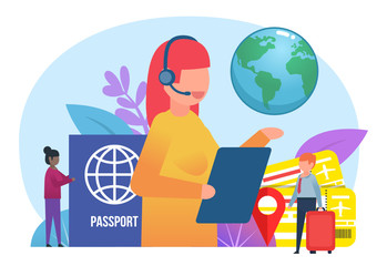 Travel, tourism concept. Small people stand near big female travel agent. Poster for web page, banner, presentation, social media. Flat design vector illustration