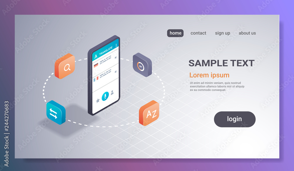 Poster mobile translator application online translation concept smartphone screen internet dictionary learn