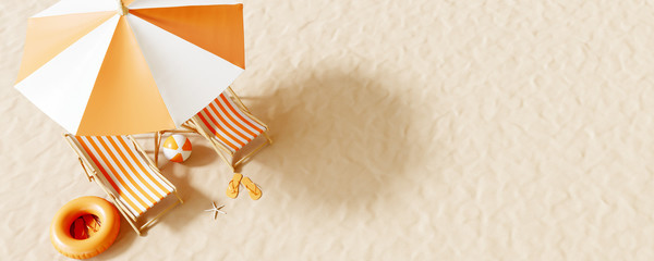 Top view Beach umbrella with chairs and beach accessories on the sand background. summer vacation concept. 3d rendering