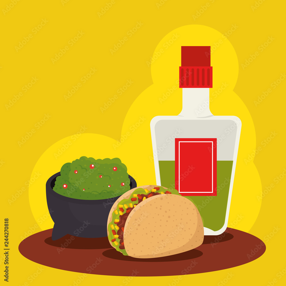 Poster mexican food with tequila to traditional celebration