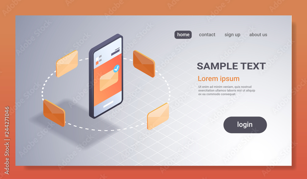 Poster mobile application email notification concept new inbox unread letter e-mail message 3d isometric sm