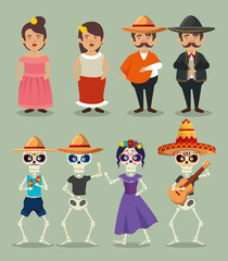 set mariachi men with woman and catrina with skeletons